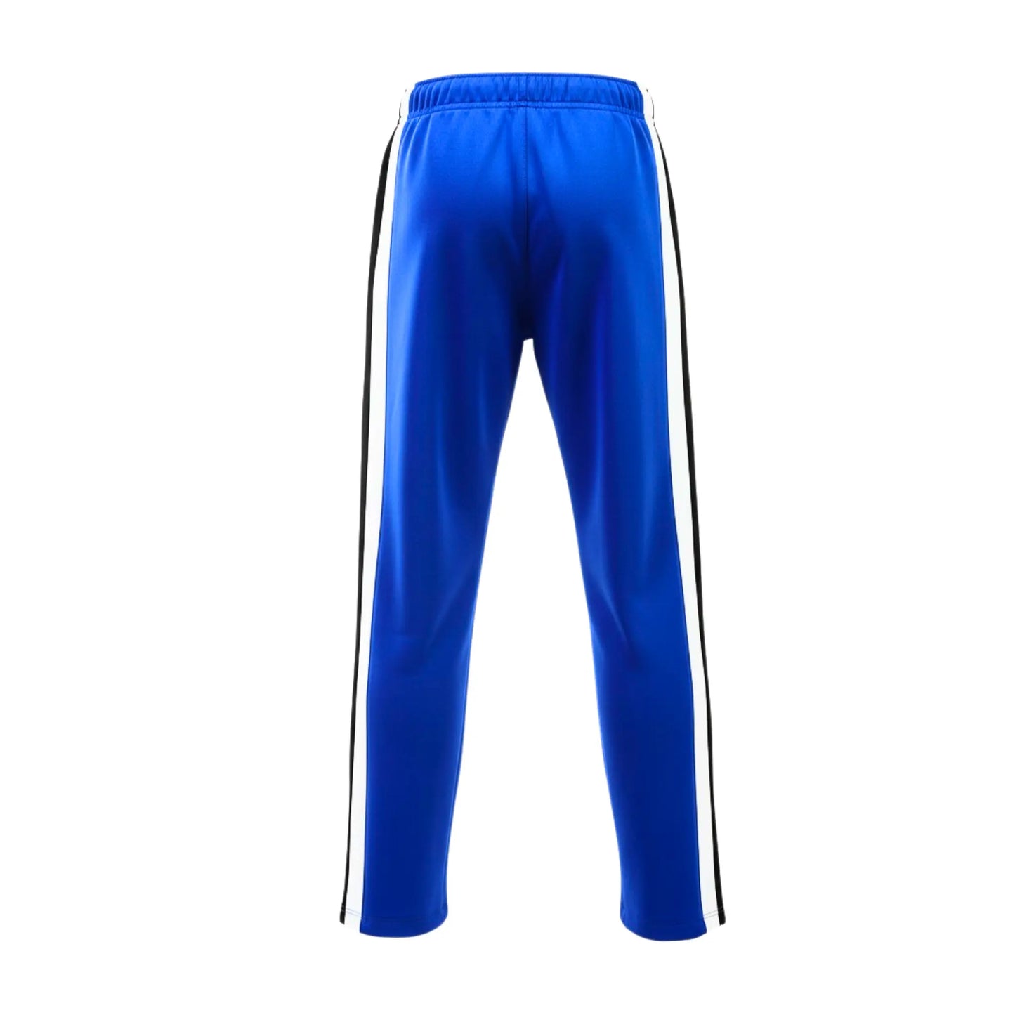 Blue track pants with white stripes on a white background