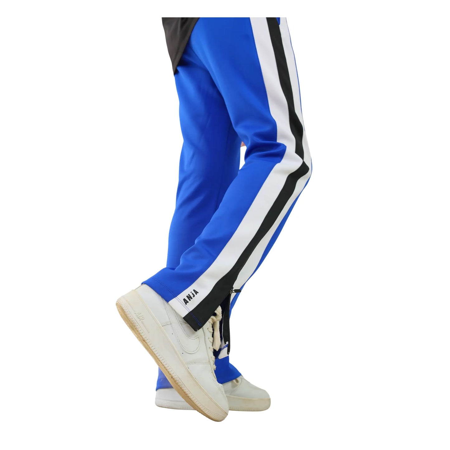 Blue tracksuit with black and white stripes on a white background