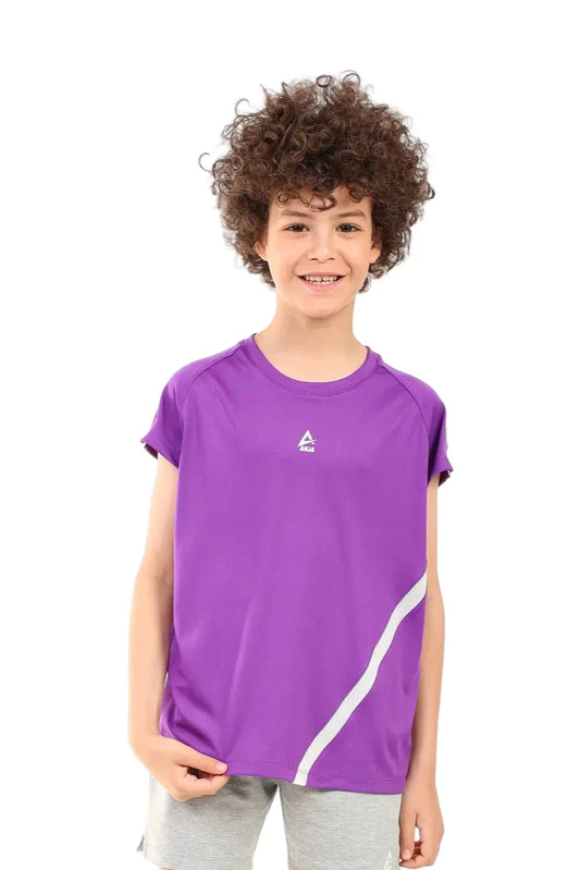 Child wearing a purple t-shirt with a logo on a white background