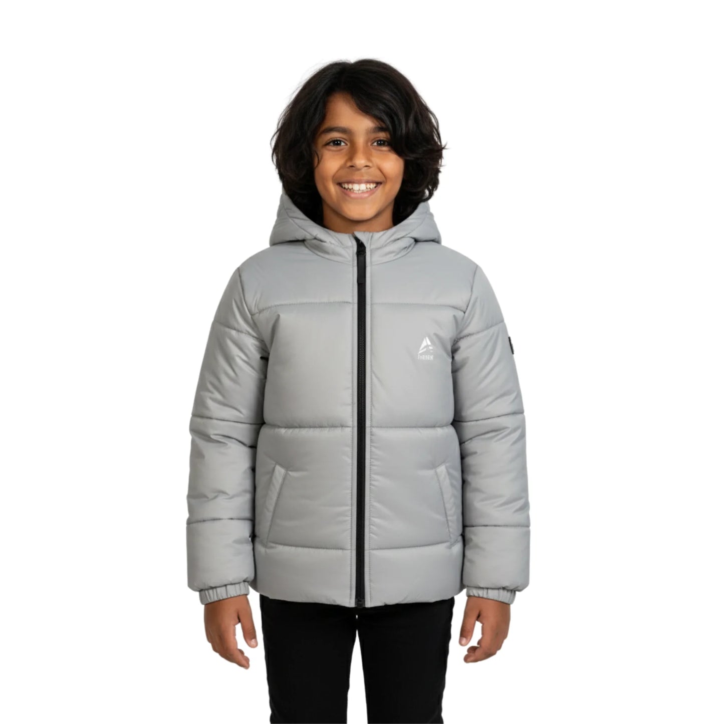 Child wearing a gray puffer jacket with a brand logo on a white background