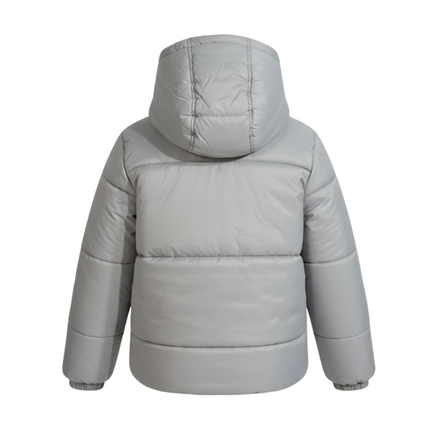Gray puffer jacket with a hood on a white background