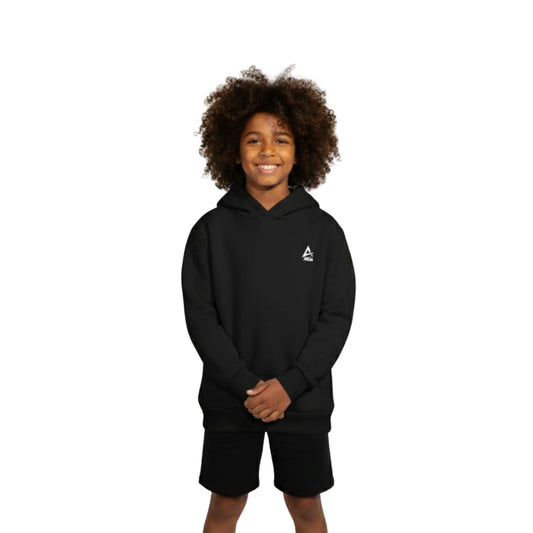 Child wearing a black hoodie with a small logo on a white background
