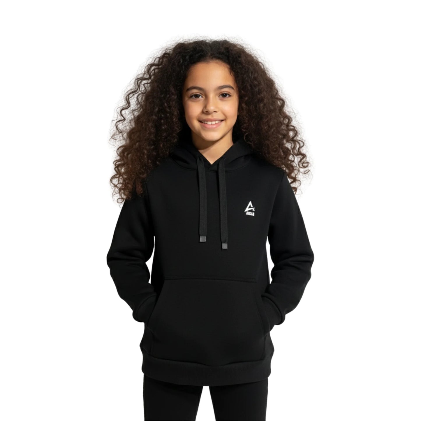Person wearing a black hoodie with a small logo on a white background