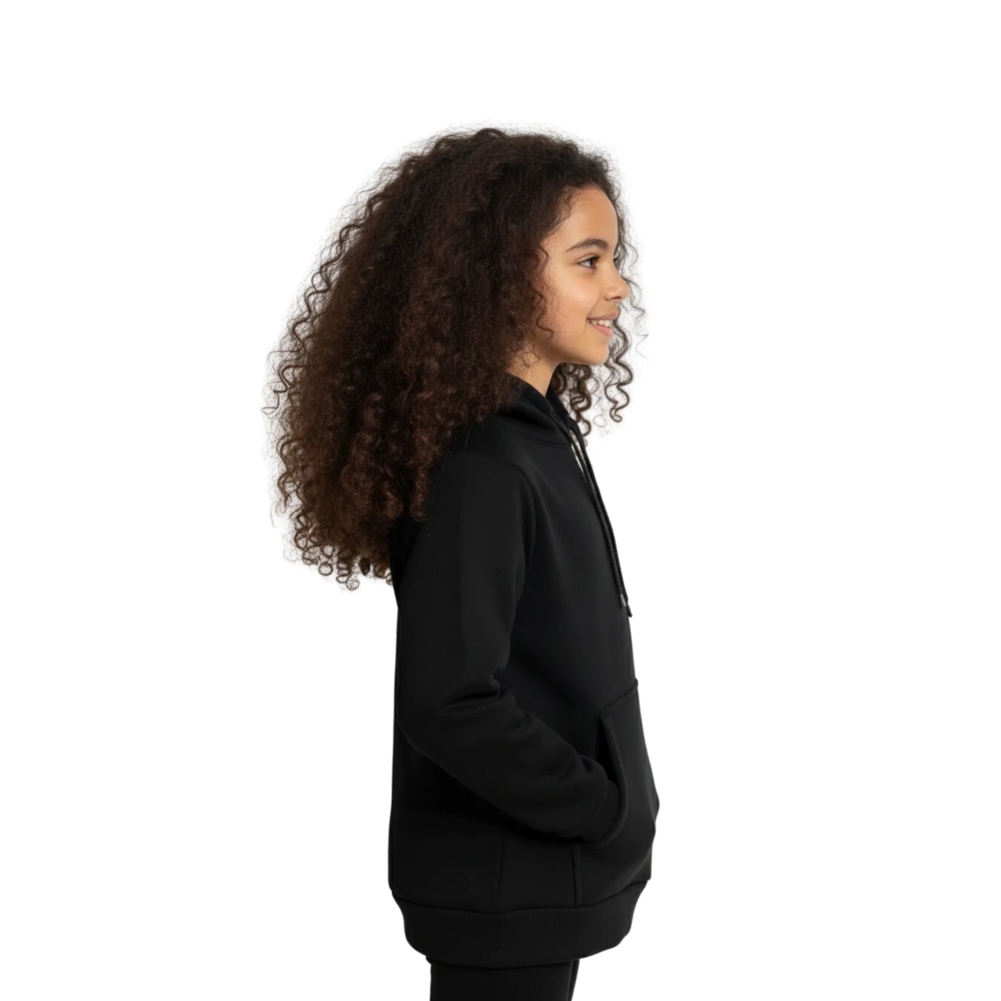 Person wearing a black jacket on a white background
