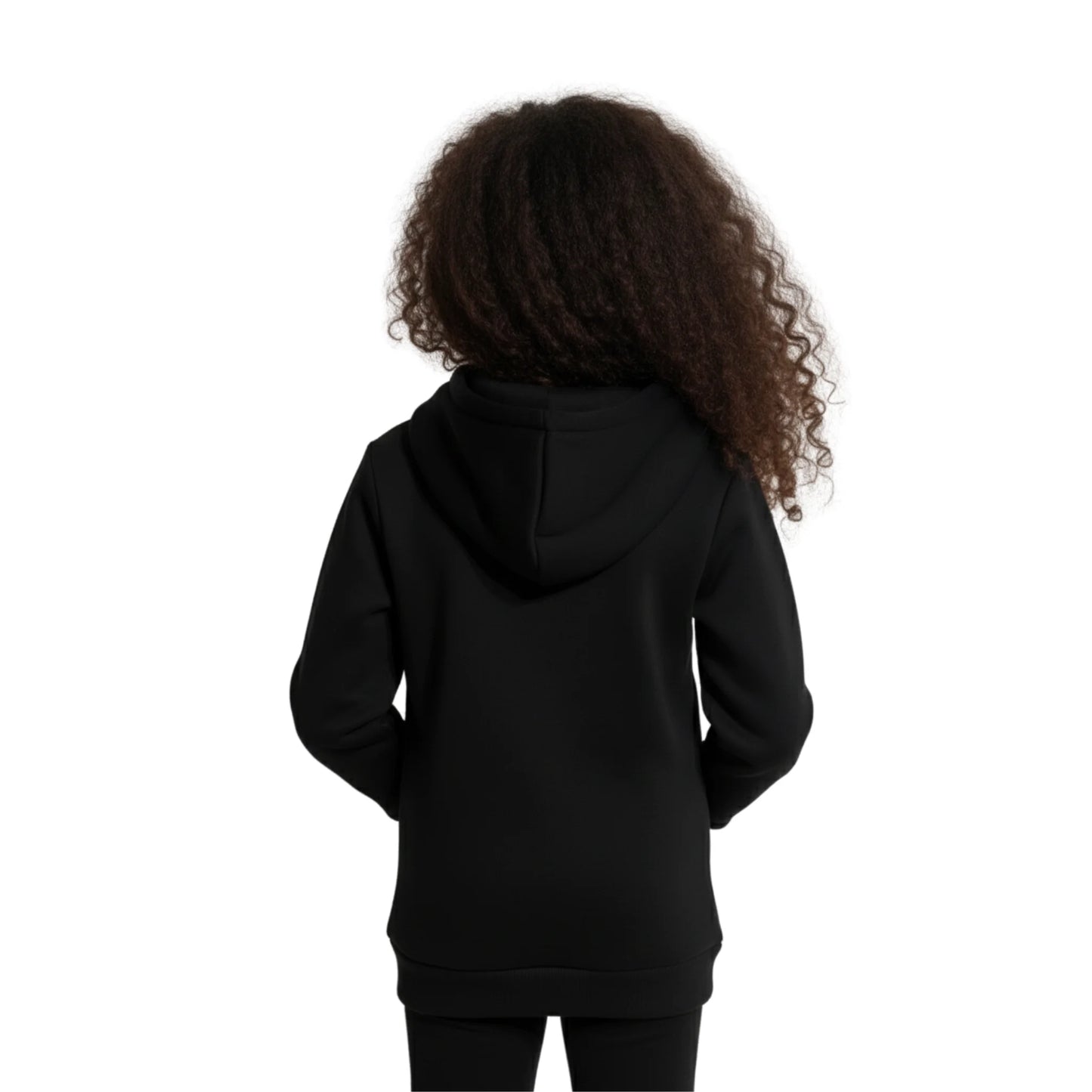 Person wearing a black hoodie from behind on a white background