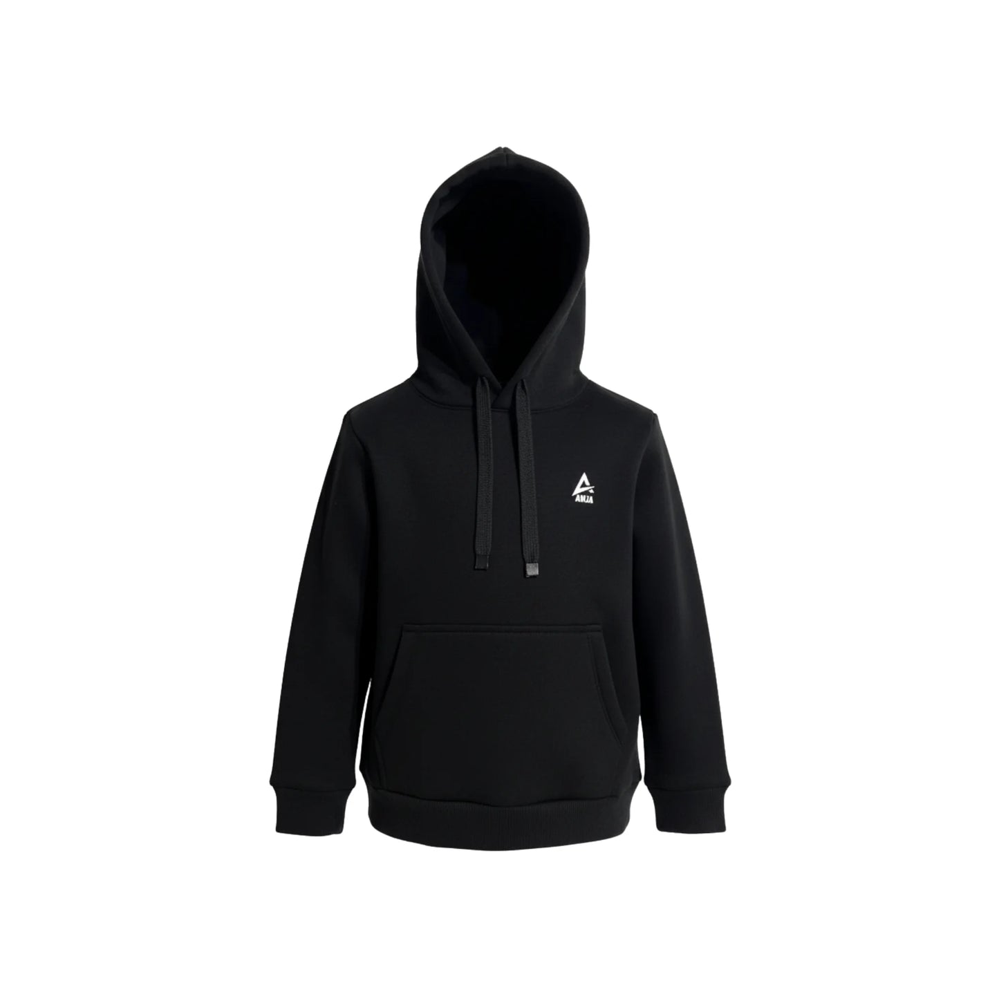 Black hoodie with a small white logo on a white background
