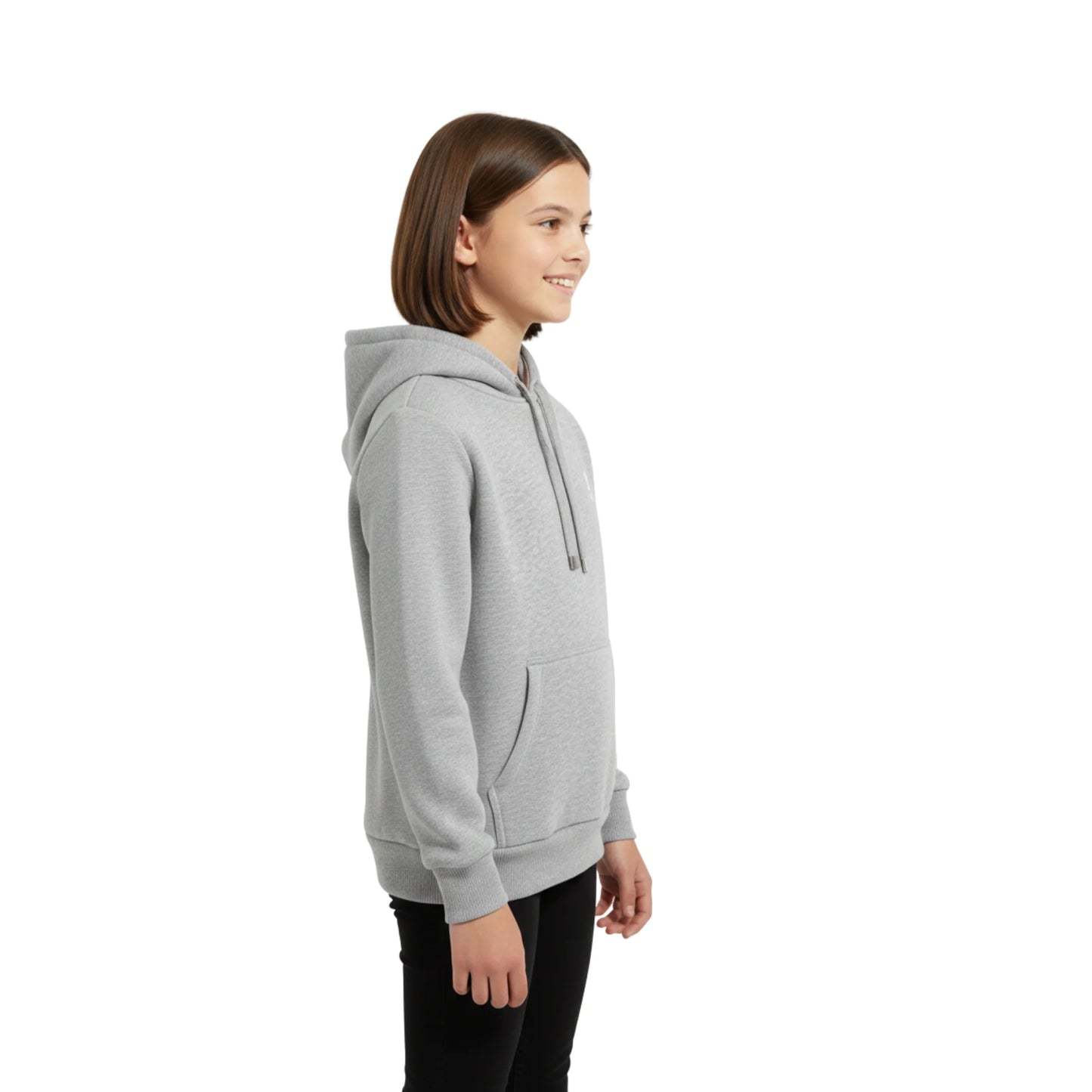 Young girl wearing a gray hoodie on a white background