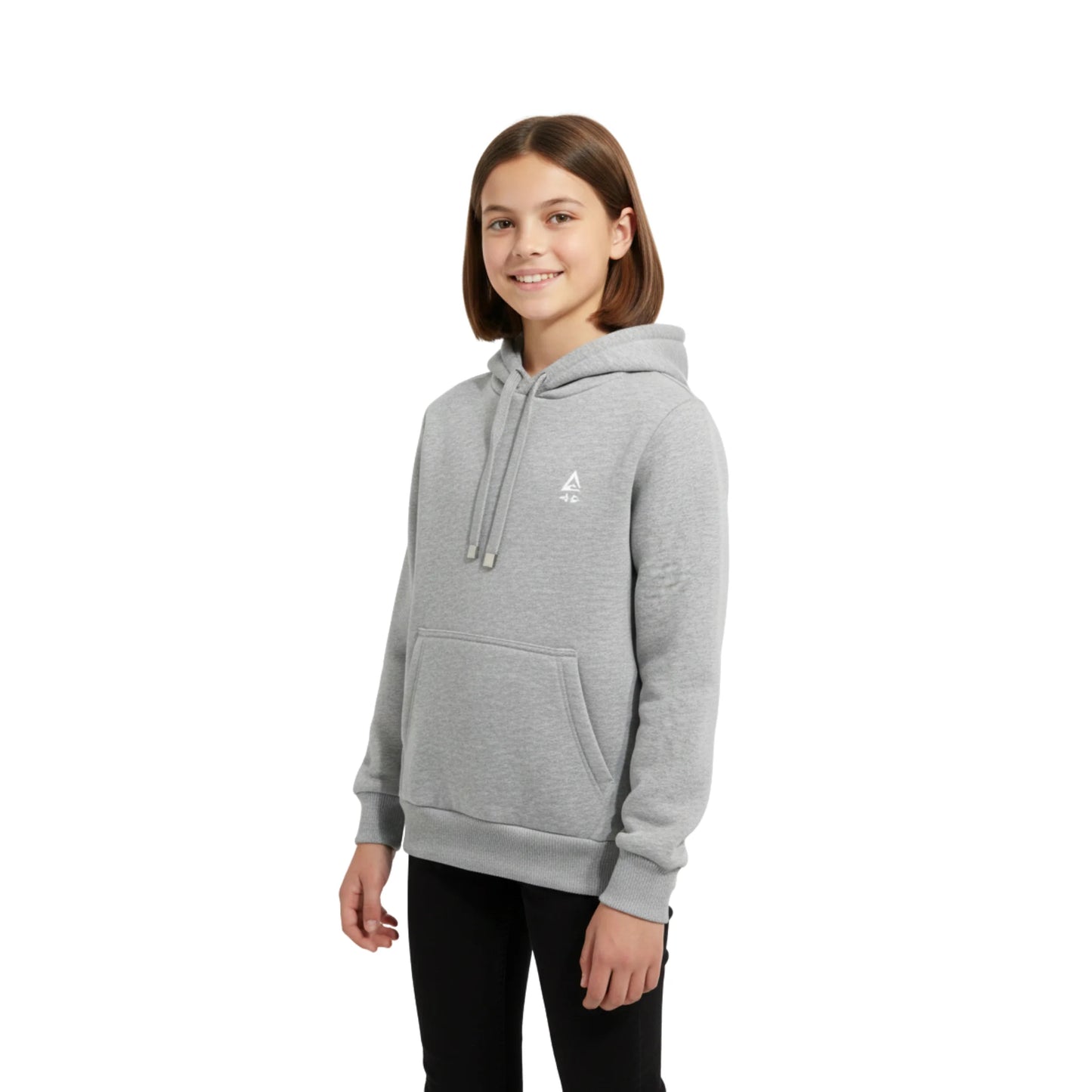 Girl wearing a gray hoodie with a small logo on a white background