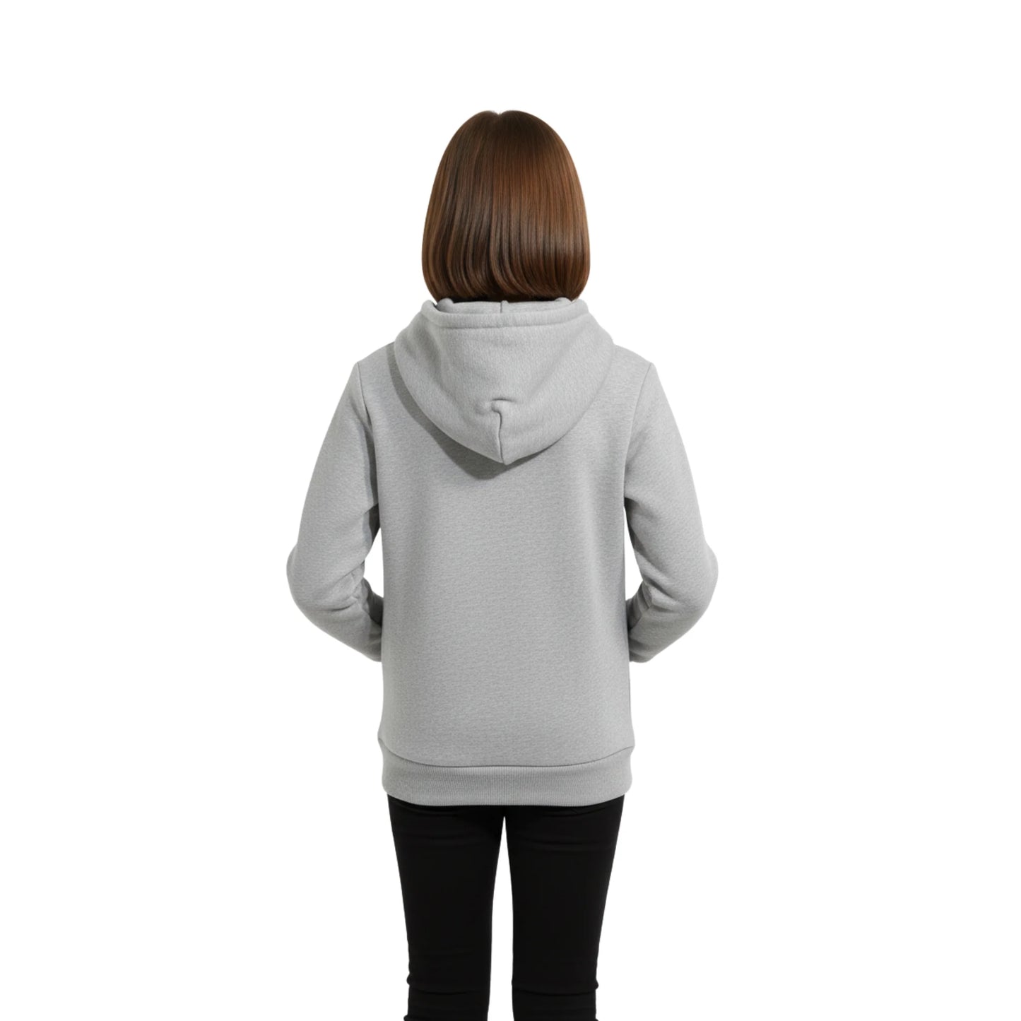 Person wearing a gray hoodie from behind on a white background