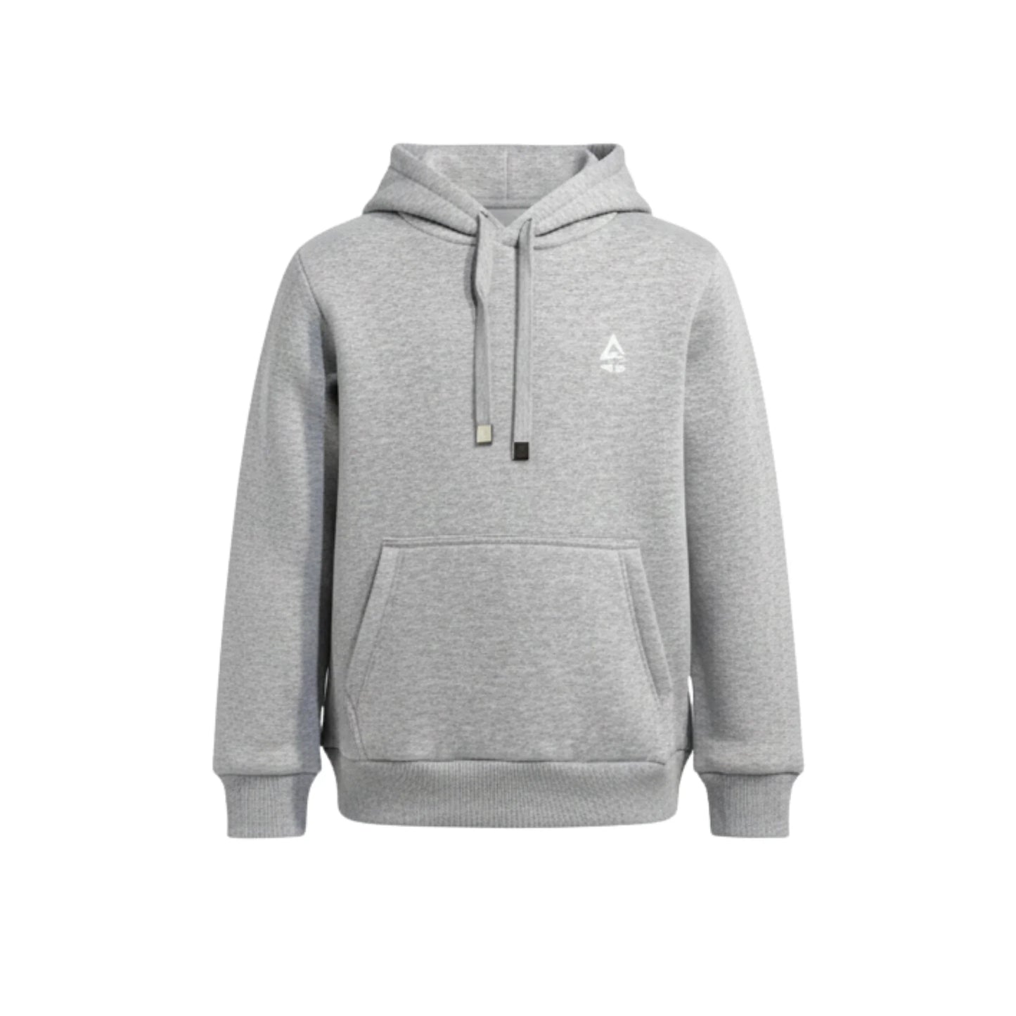 Gray hoodie with a small logo on a white background