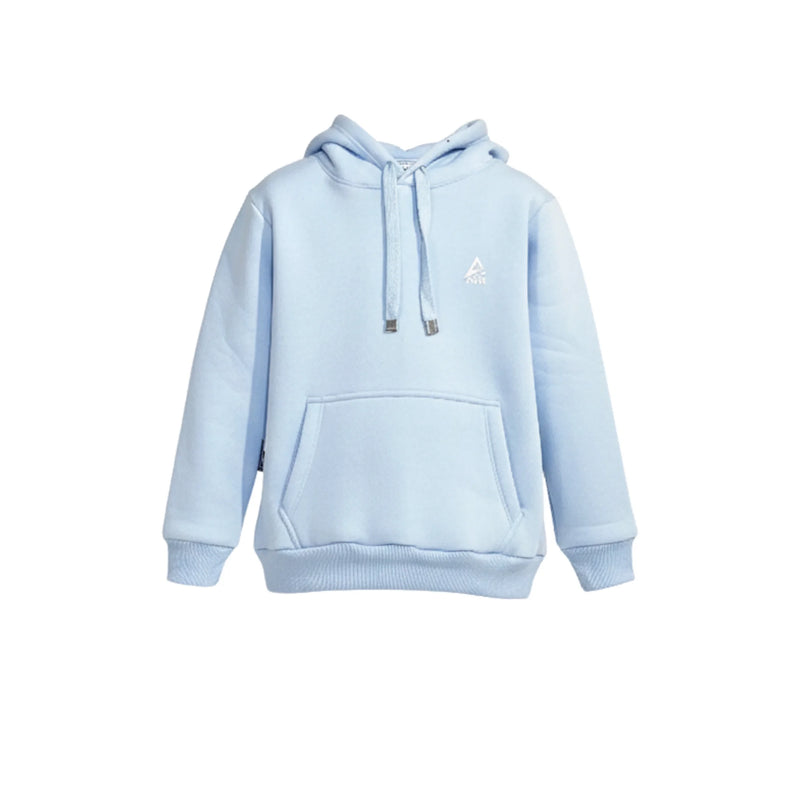 Light blue hoodie with a small logo on a white background