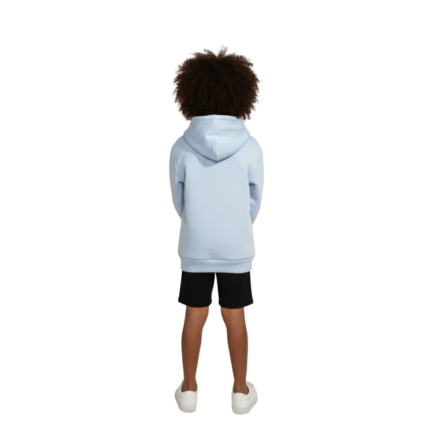 Person wearing a light blue hoodie and black shorts on a white background