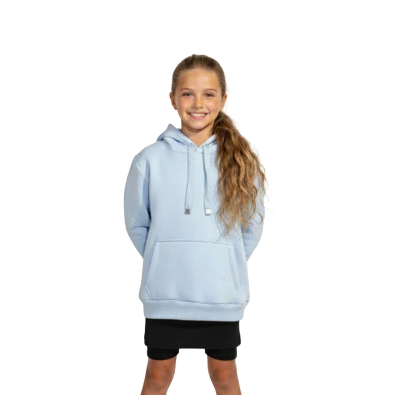 Girl wearing a light blue hoodie on a white background