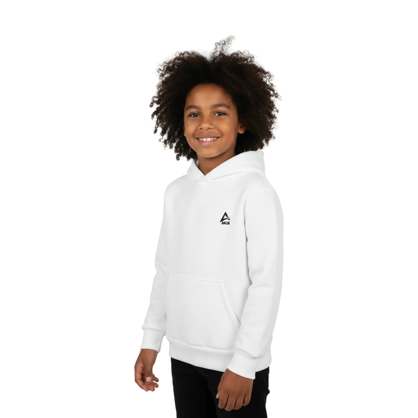 Child wearing a white hoodie with a logo on a white background