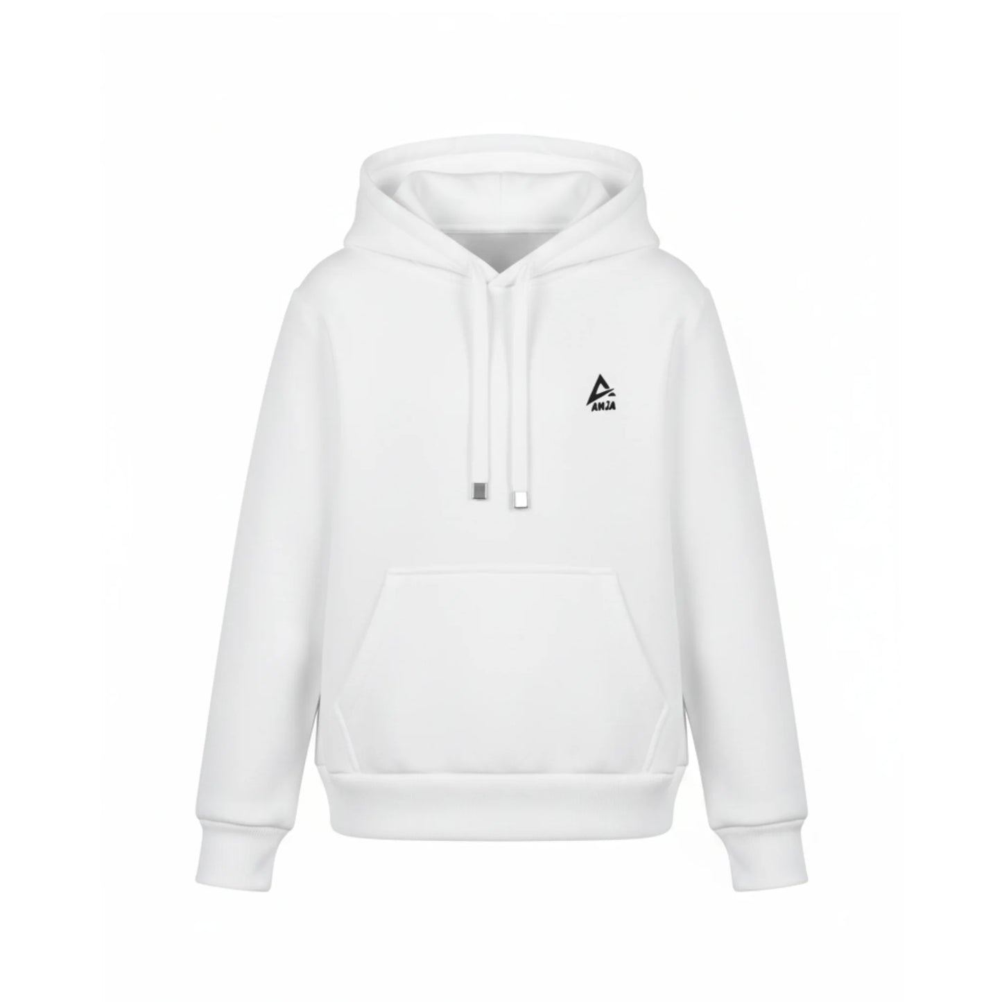 White hoodie with a logo on the chest against a white background