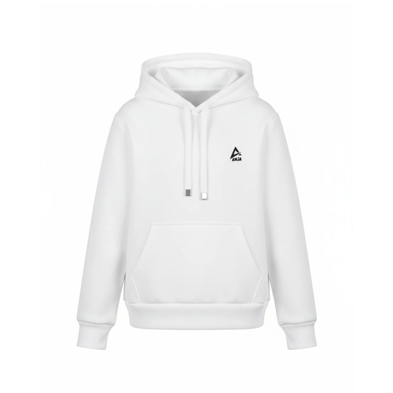 White hoodie with a logo on the chest against a white background