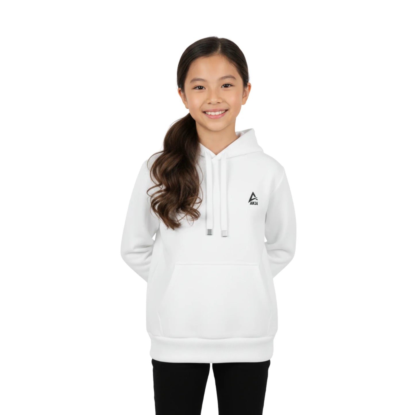Person wearing a white hoodie with a logo on a white background