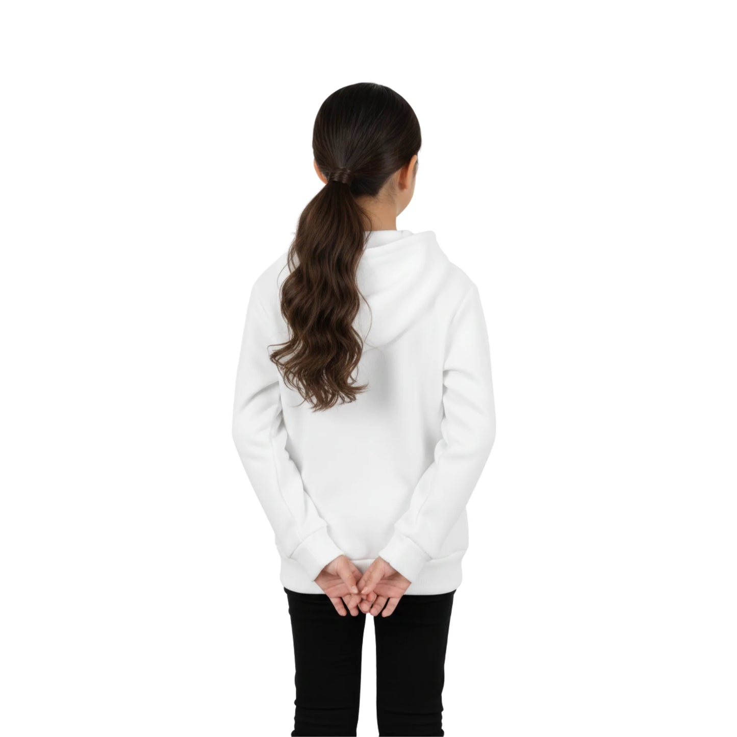 Person wearing a white hoodie on a white background
