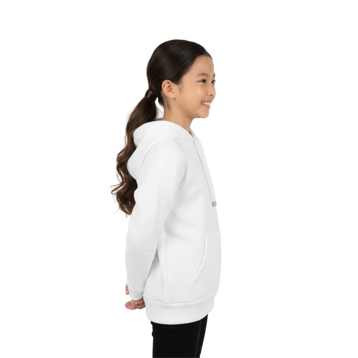 Young girl wearing a white hoodie on a white background