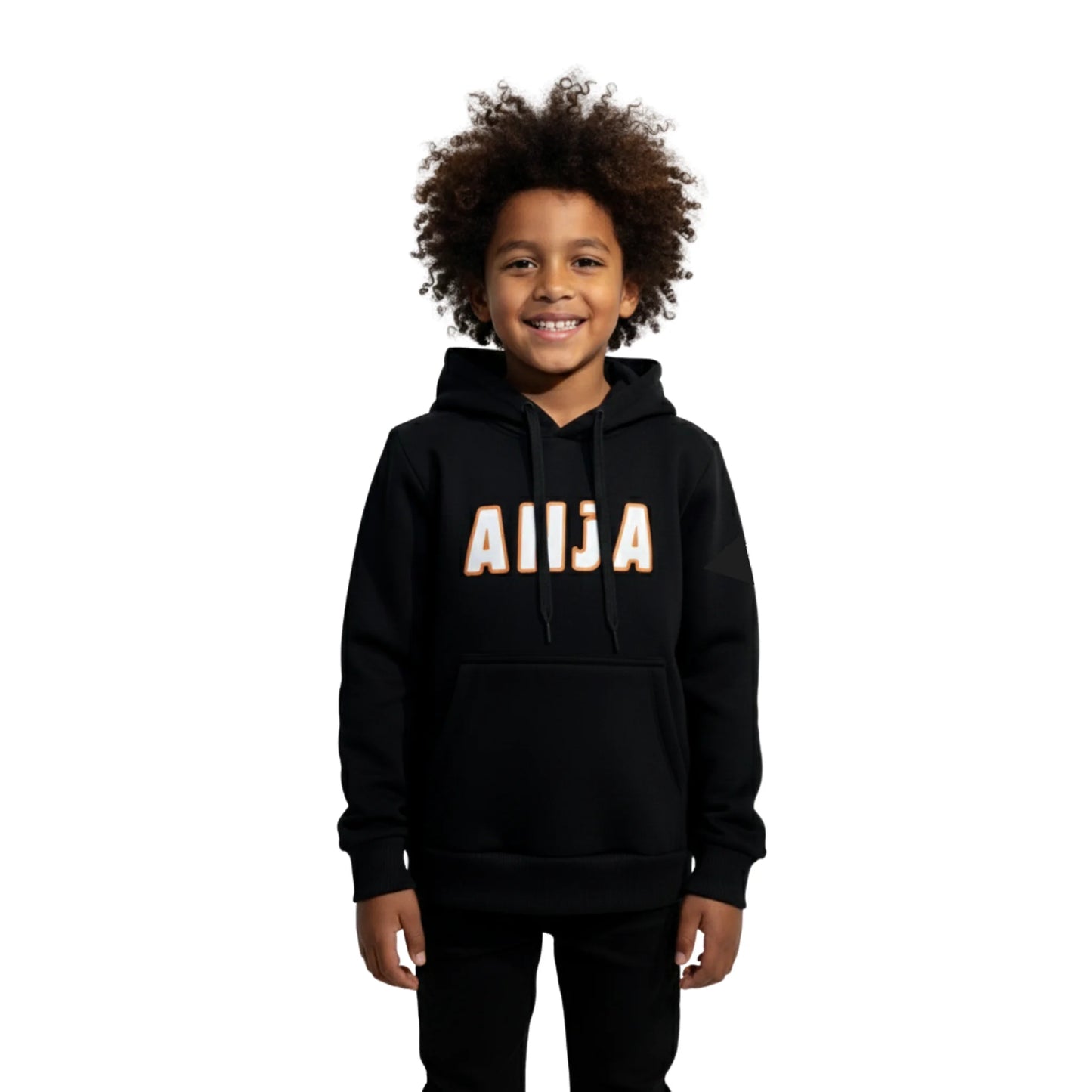Child wearing a black hoodie with 'ANJA' text on a white background