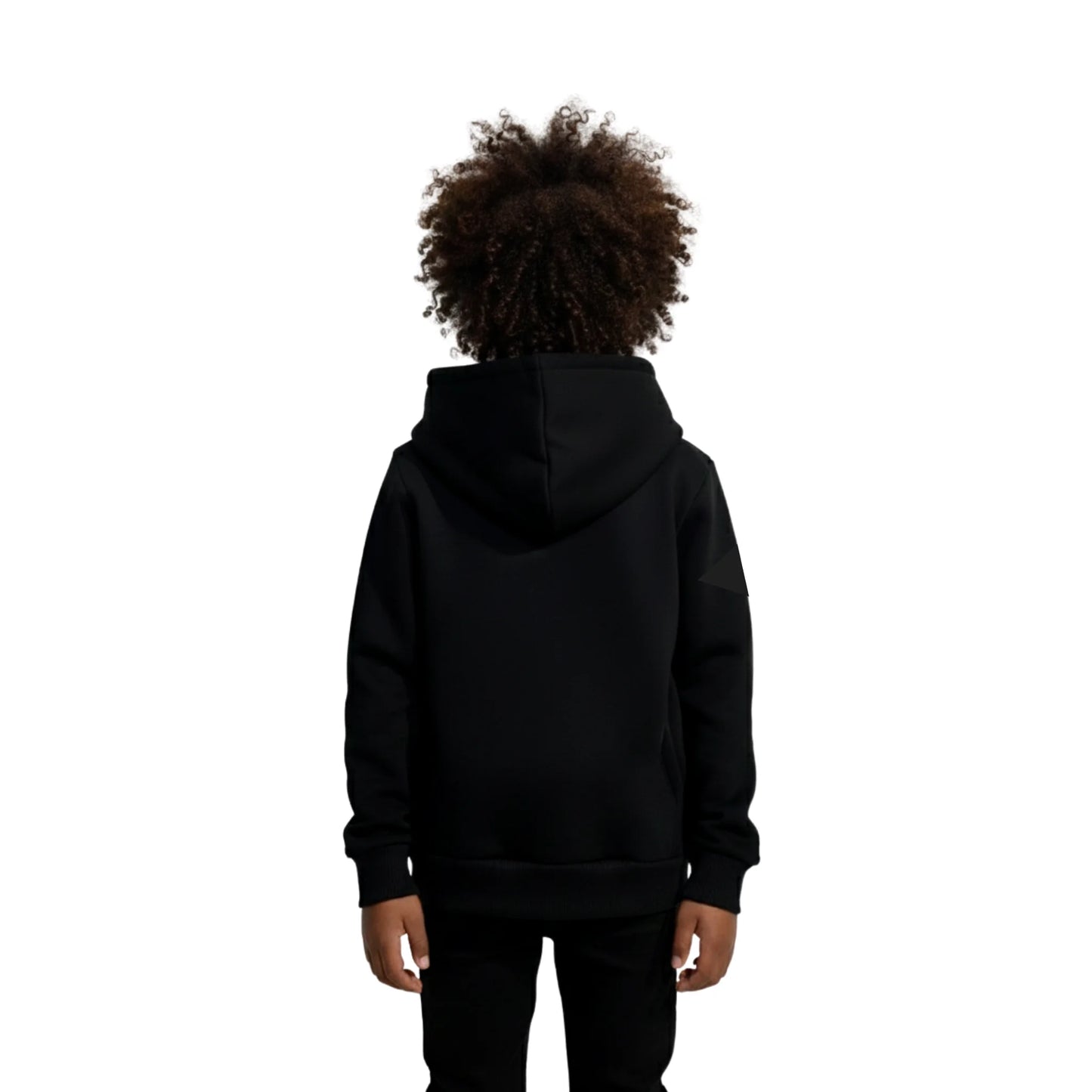 Person wearing a black hoodie from behind on a white background