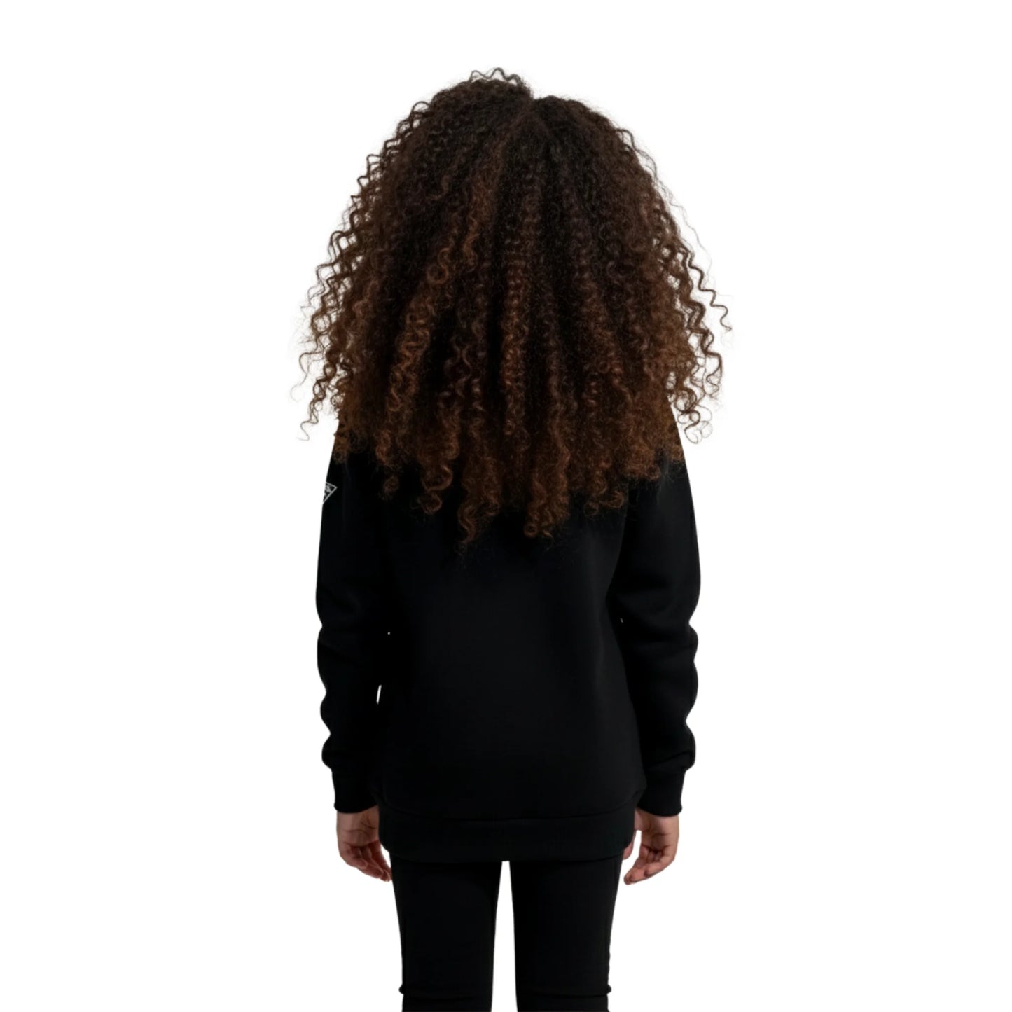 Person wearing a black hoodie with long, curly hair on a white background