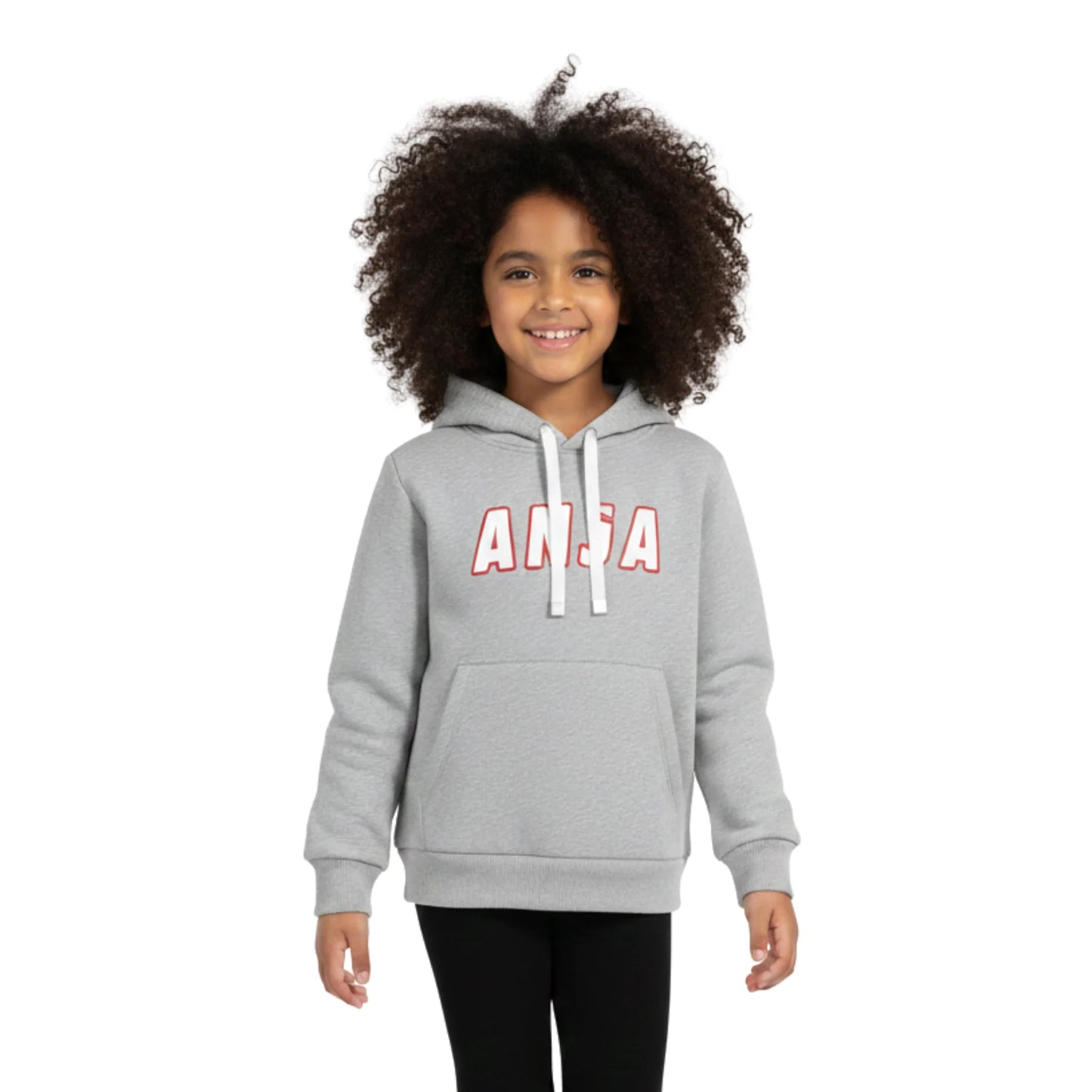 Child wearing a gray hoodie with 'ANJA' printed on it against a white background