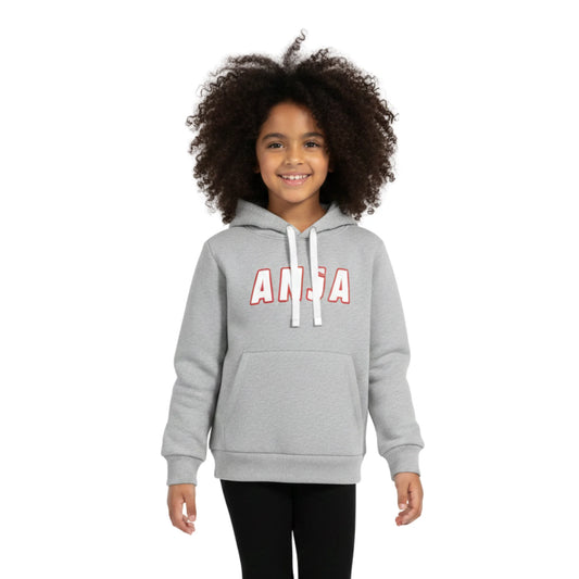 Child wearing a gray hoodie with 'ANJA' printed on it against a white background