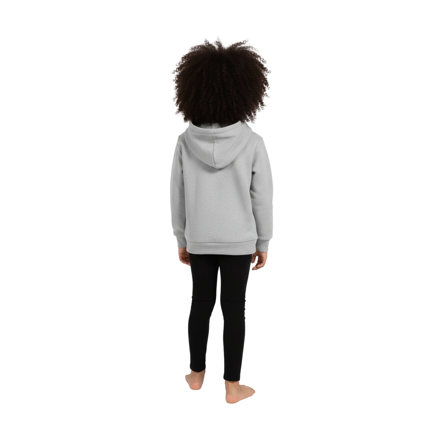 Person wearing a gray hoodie and black leggings on a white background