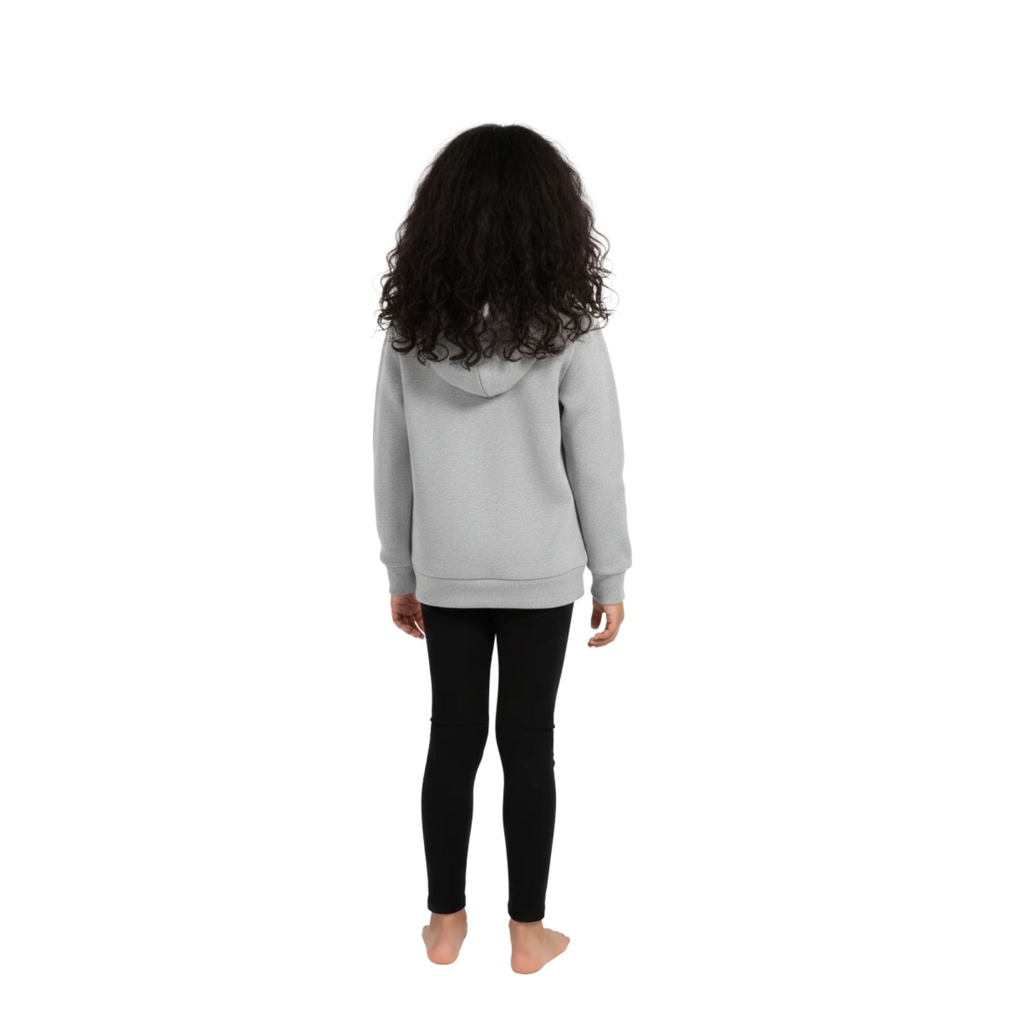 Person wearing a gray hoodie and black leggings on a white background