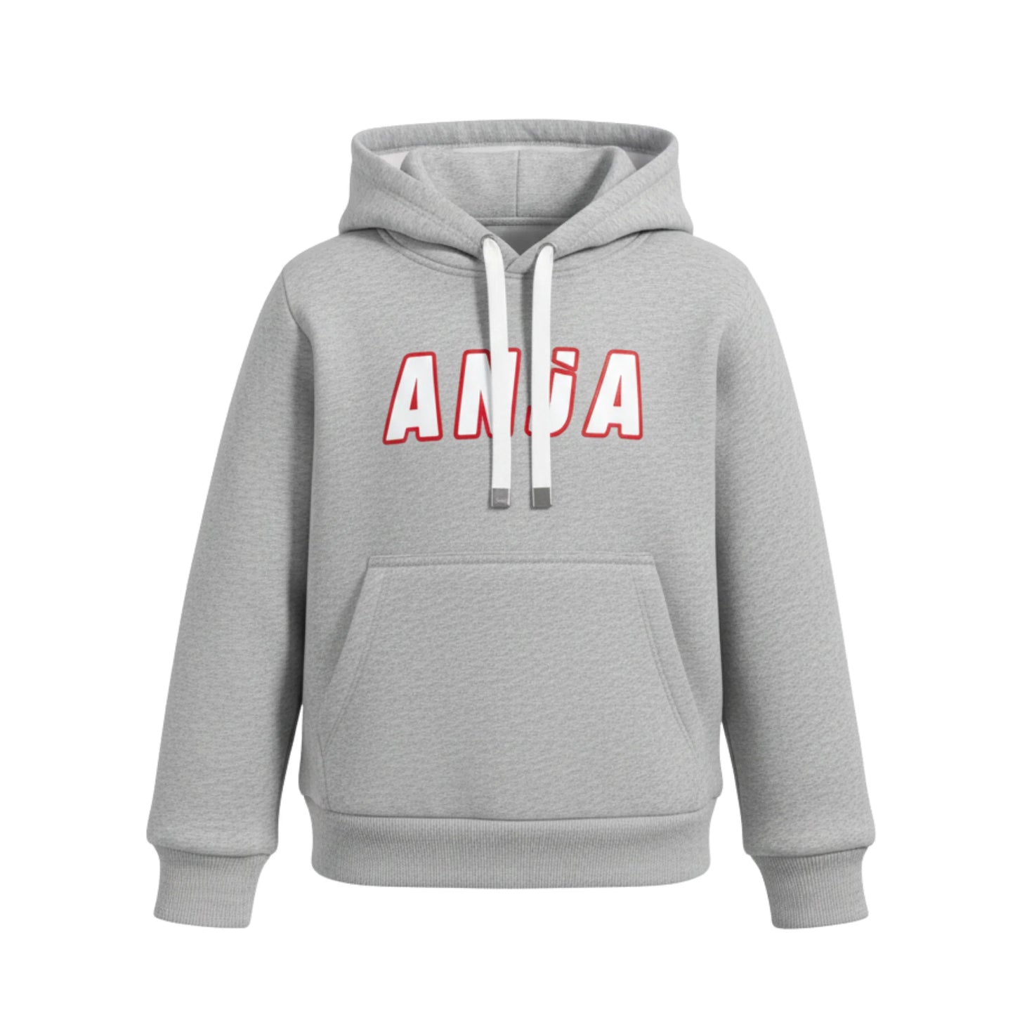 Gray hoodie with red and white text on a white background