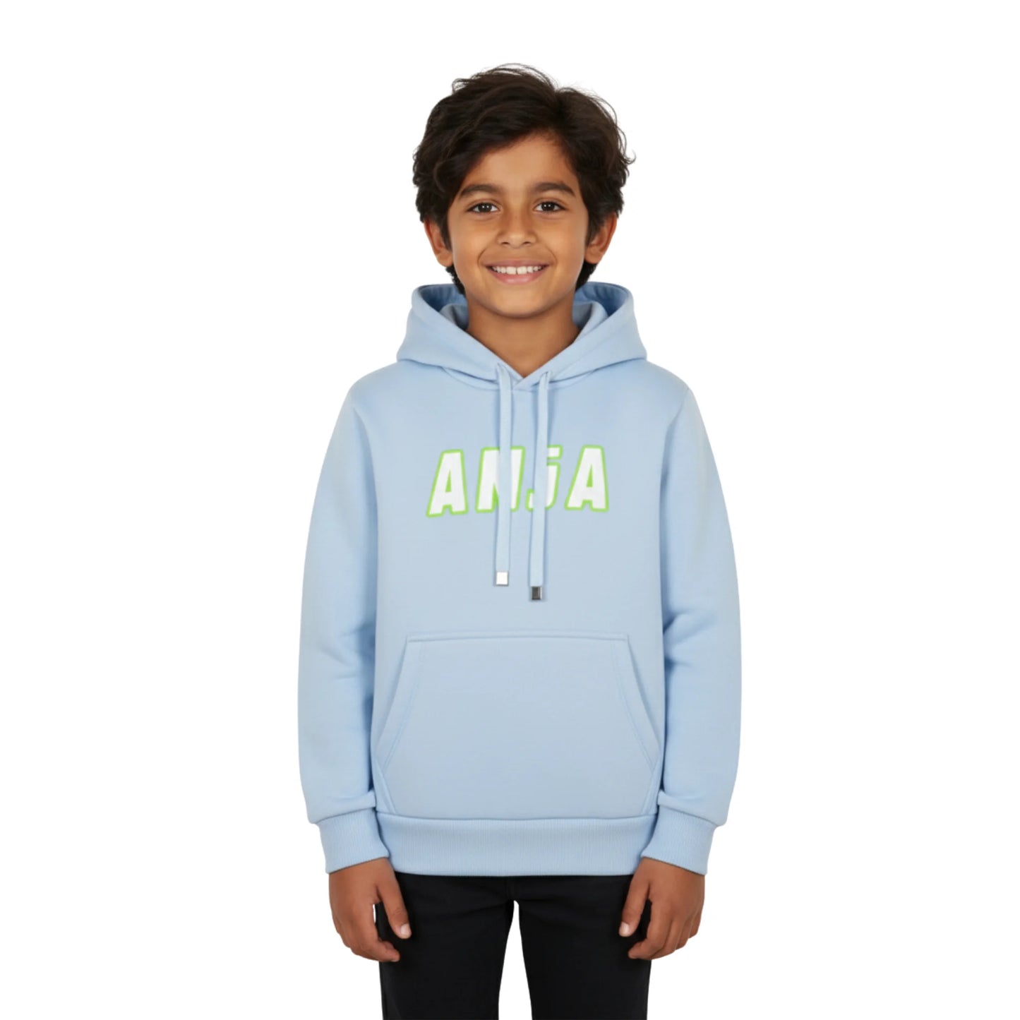 Child wearing a light blue hoodie with 'AMIA' printed on it against a white background