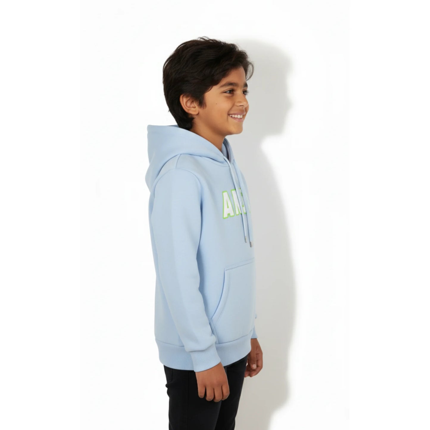 Child wearing a light blue hoodie with a logo on a white background