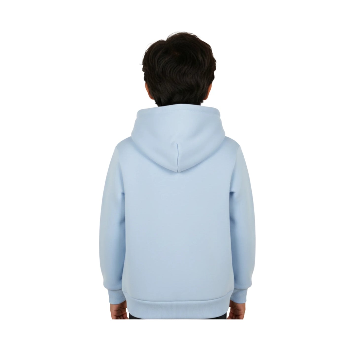 Light blue hoodie worn by a person on a white background