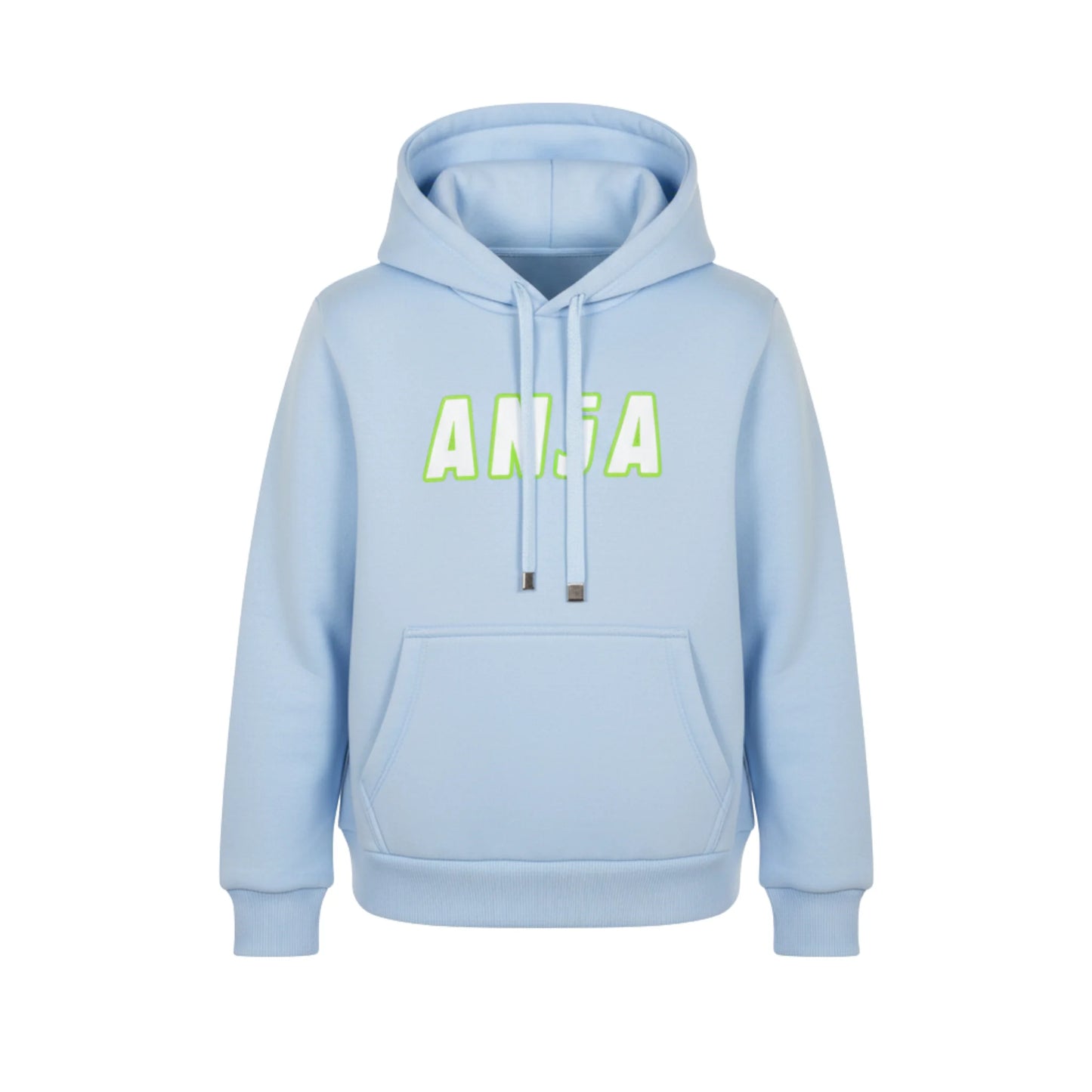 Light blue hoodie with 'ANFA' text on a white background