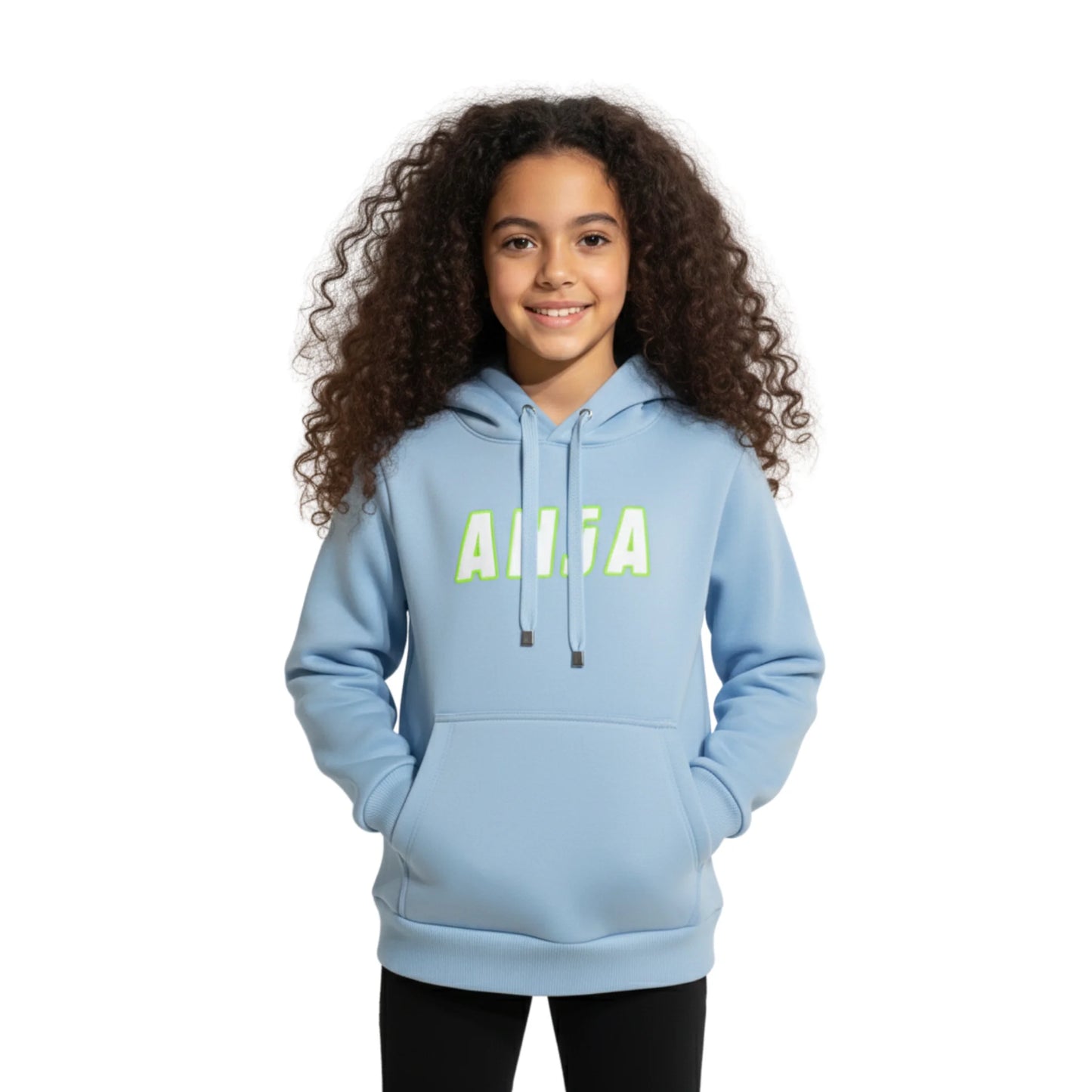 Person wearing a light blue hoodie with 'ANJA' logo on a white background