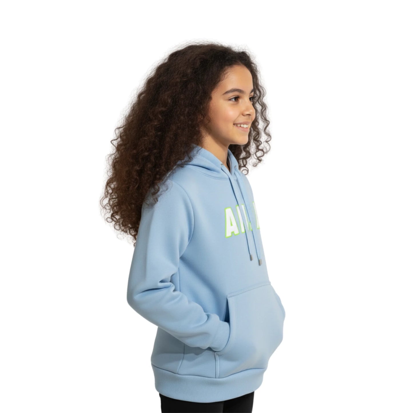 Child wearing a light blue hoodie with a logo on a white background