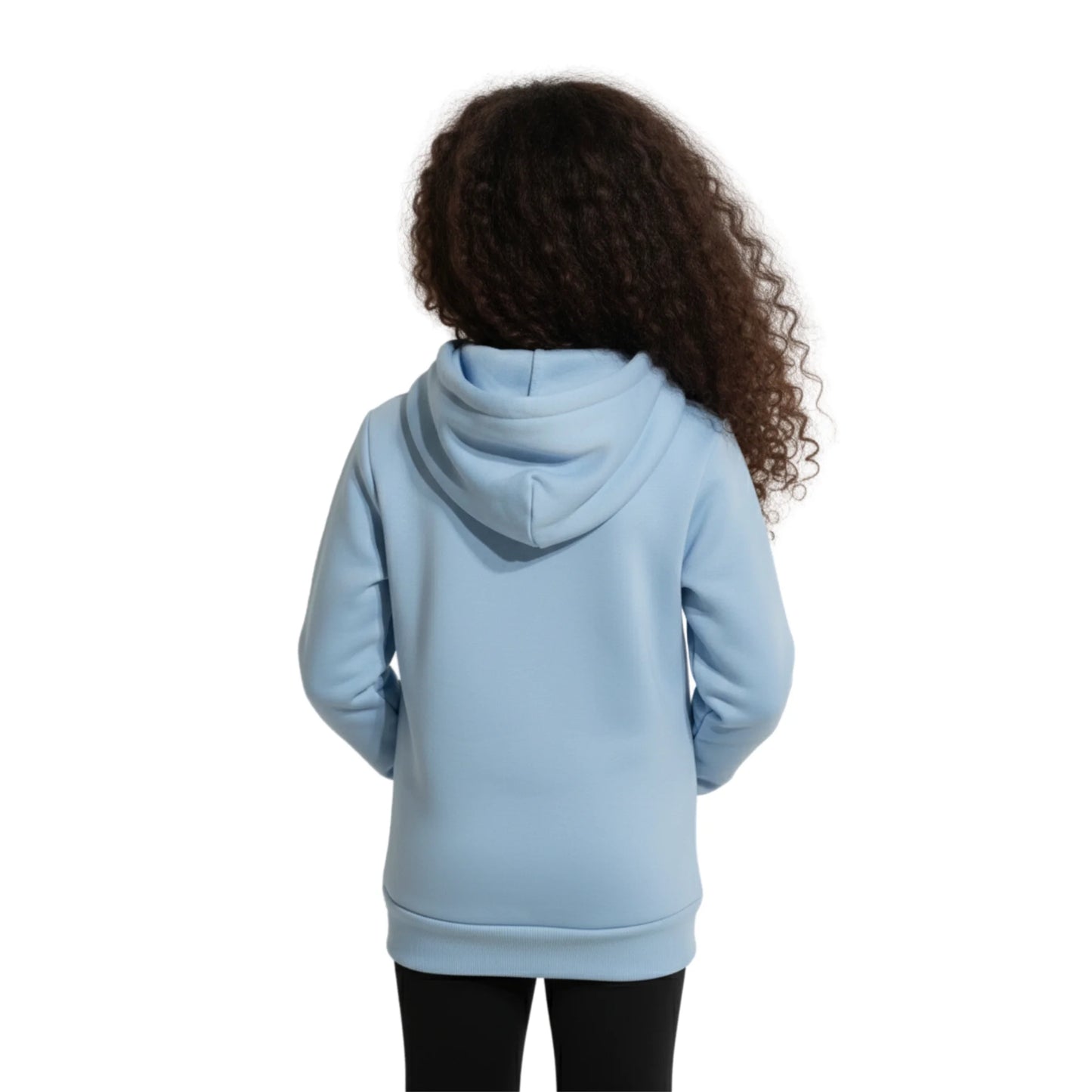Person wearing a light blue hoodie from behind on a white background