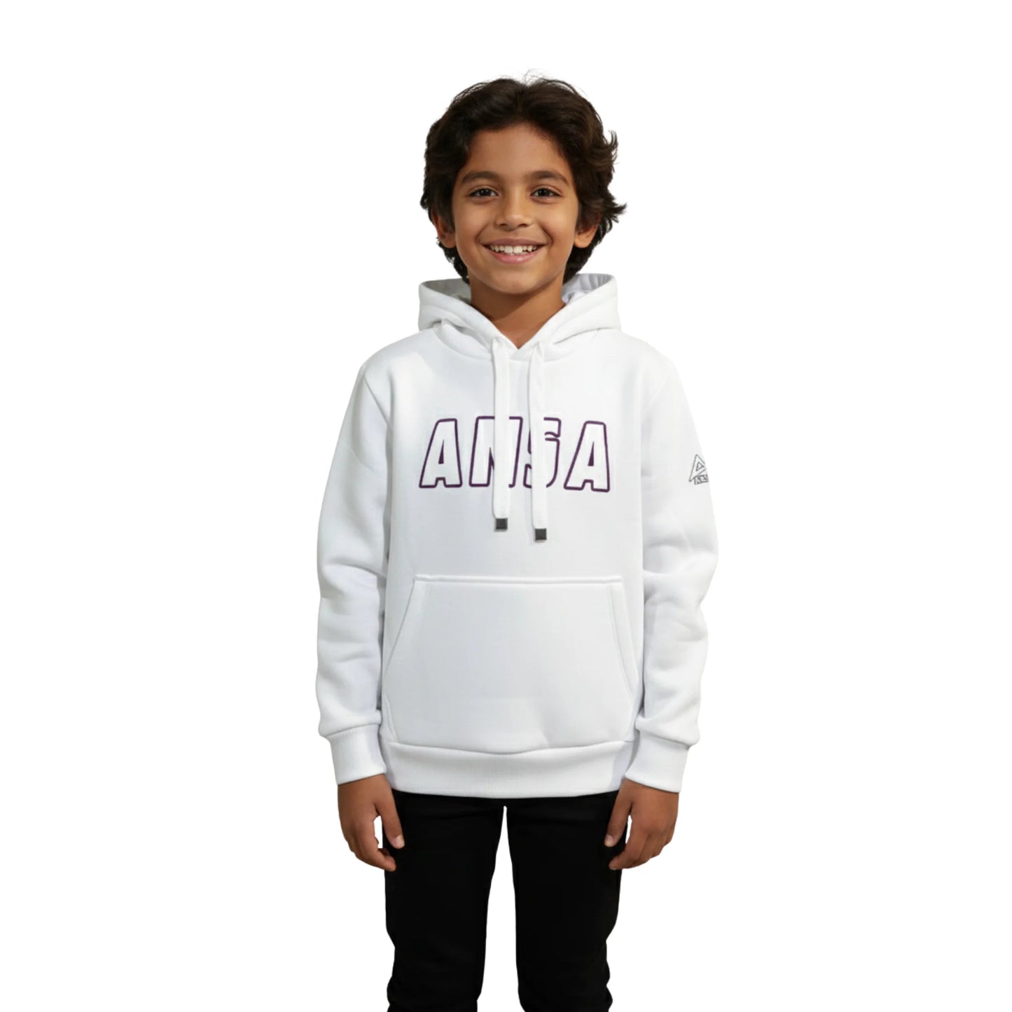 Child wearing a white hoodie with a brand logo on a white background