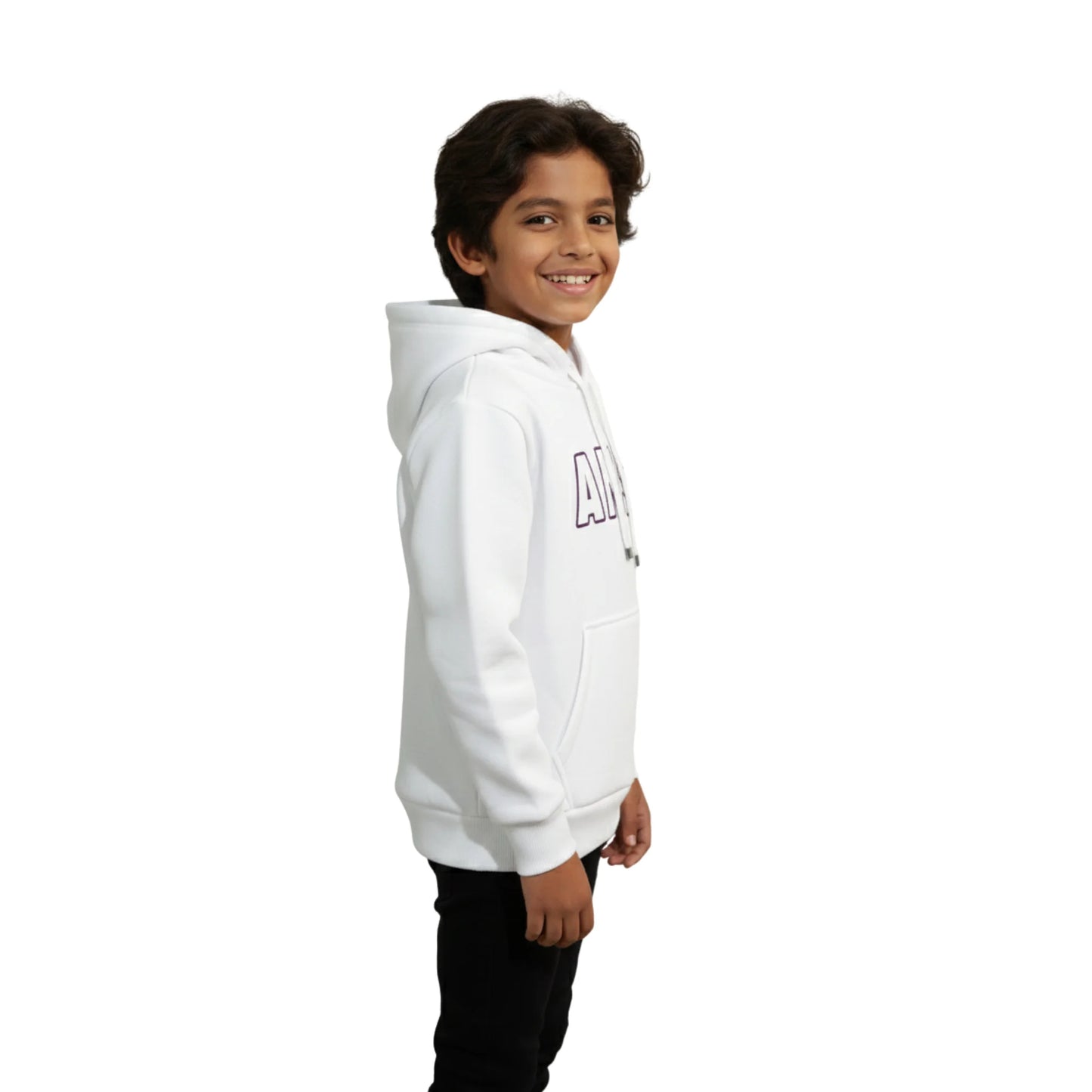 Child wearing a white hoodie with a logo on a white background