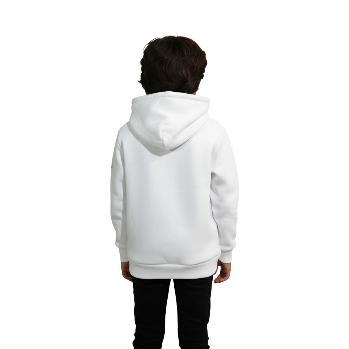 Person wearing a white hoodie on a white background