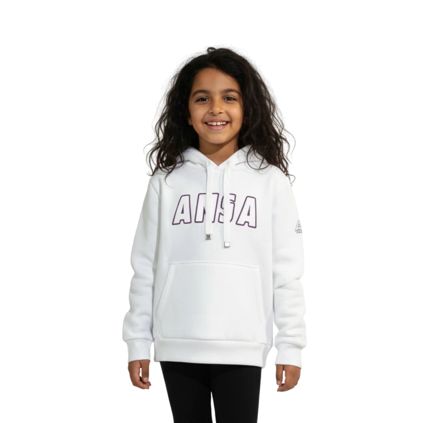 Child wearing a white hoodie with a brand logo on a white background