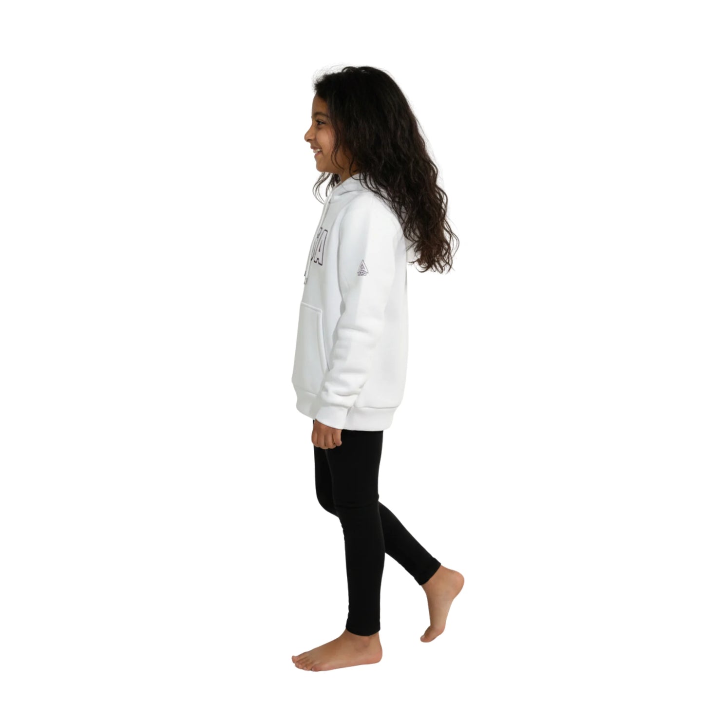 Person wearing a white hoodie and black pants on a white background