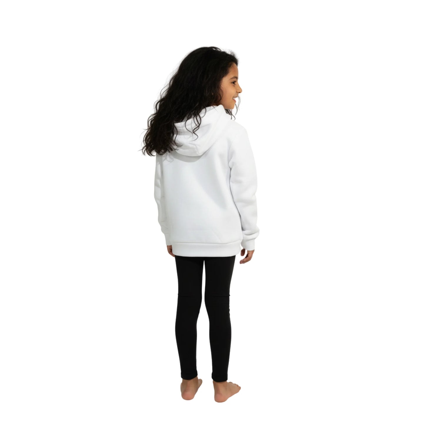 Person wearing a white hoodie and black leggings on a white background