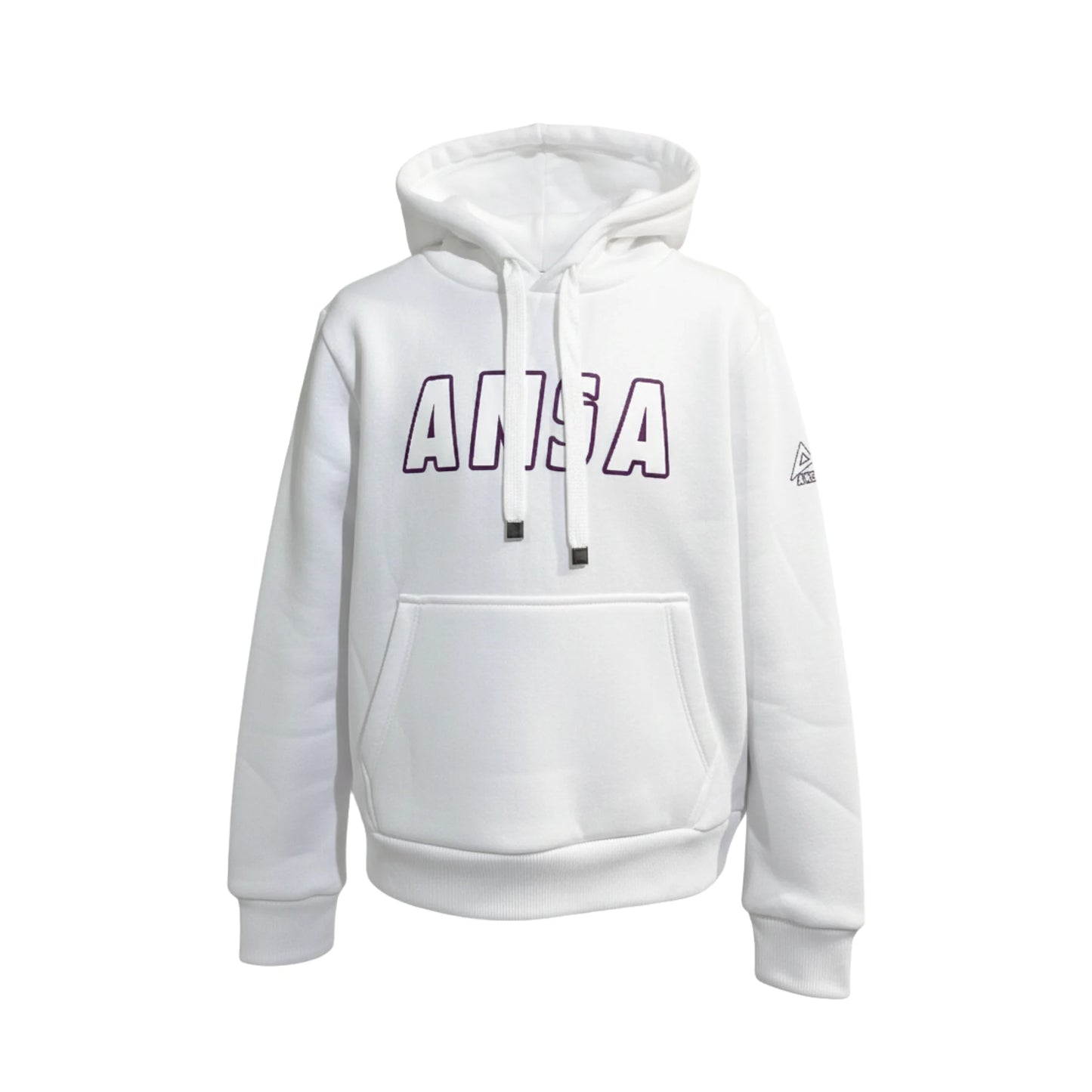 White hoodie with 'ansa' branding on a white background