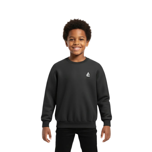 Child wearing a black sweatshirt with a small logo on a white background
