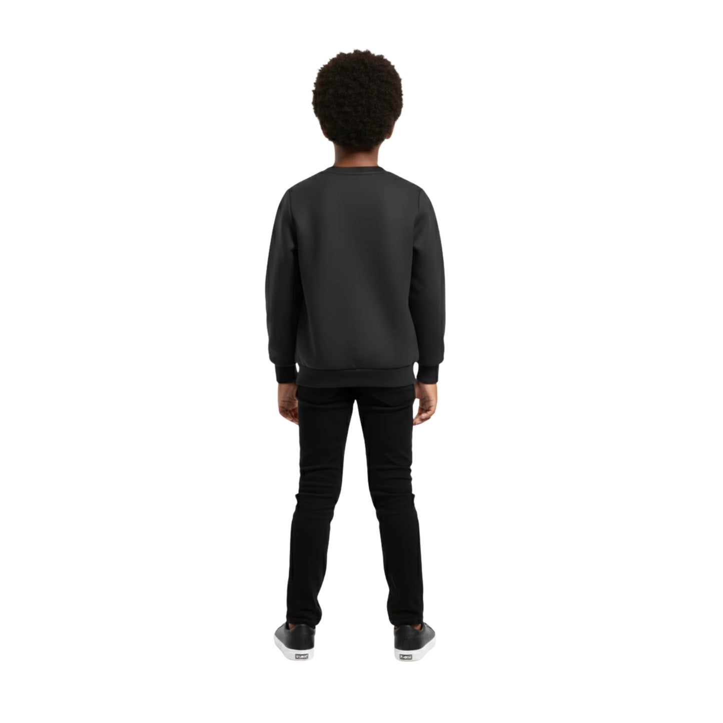 Person wearing a black sweatshirt and black pants on a white background