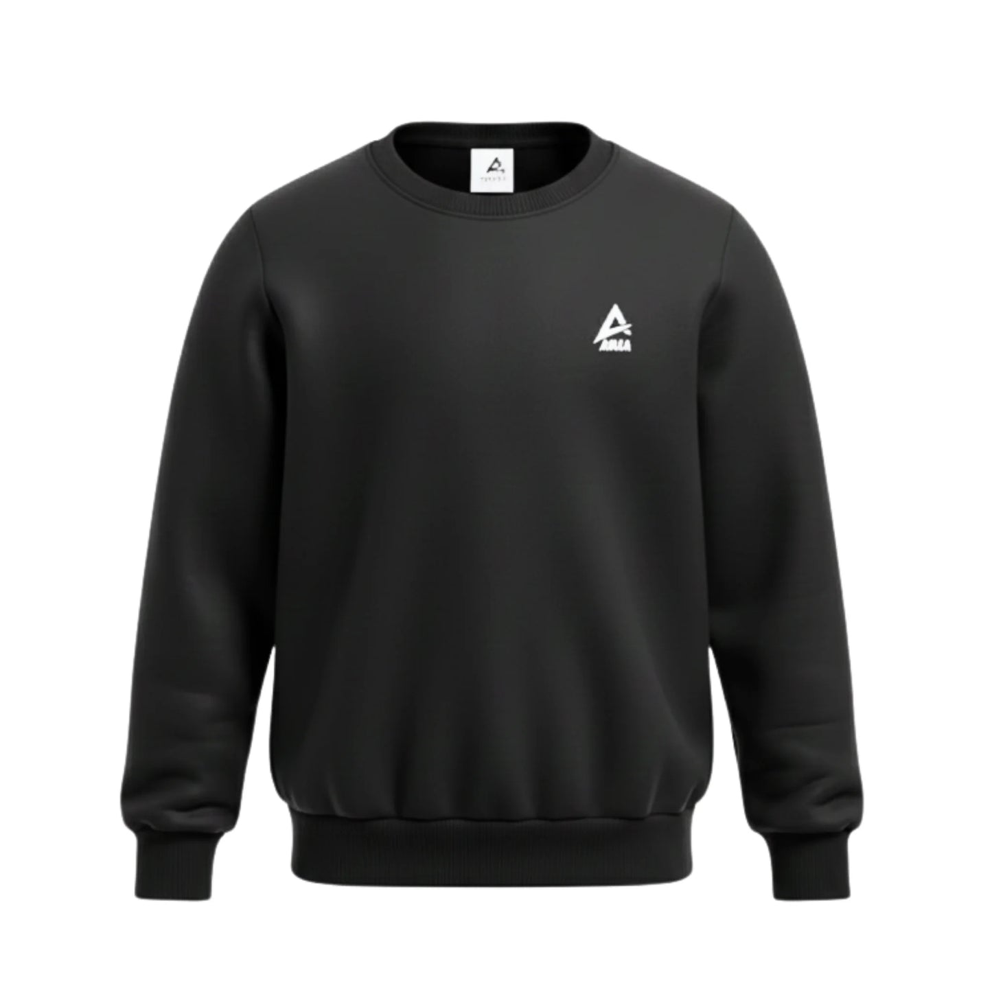Black sweatshirt with a white logo on a white background