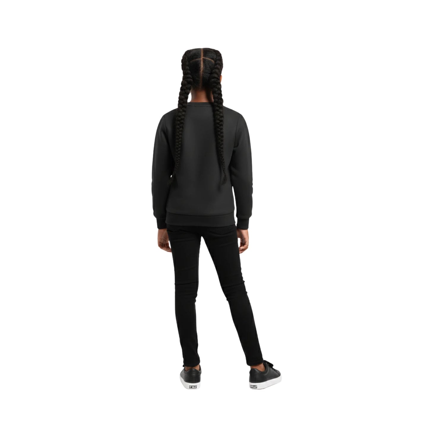 Person wearing a black outfit on a white background
