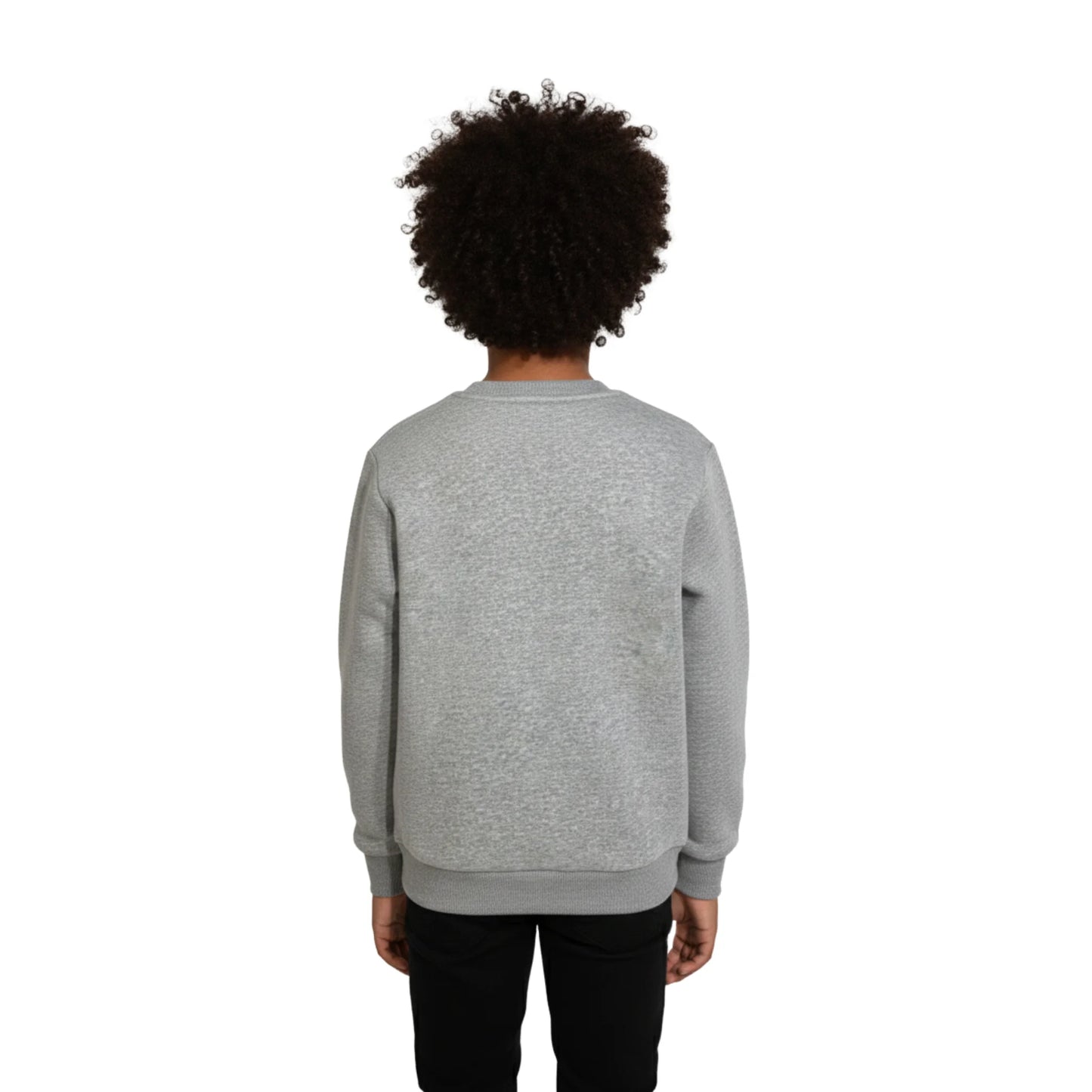 Person wearing a gray sweatshirt on a white background